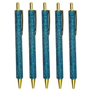 🟢 5️⃣ Pack Bling Rhinestone Teal Ballpoint Pens with Case